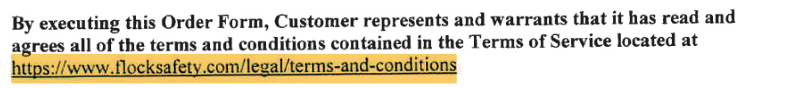 Contract paragraph binding Novi to Flock's online Terms of Service, with the link highlighted