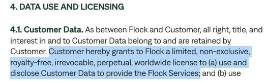 Excerpt of Flock Terms and Conditions section 4.1, highlighting the limited, non-exclusive, royalty-free, irrevocable, perpetual, worldwide license to use and disclose Customer Data to provide Flock Services